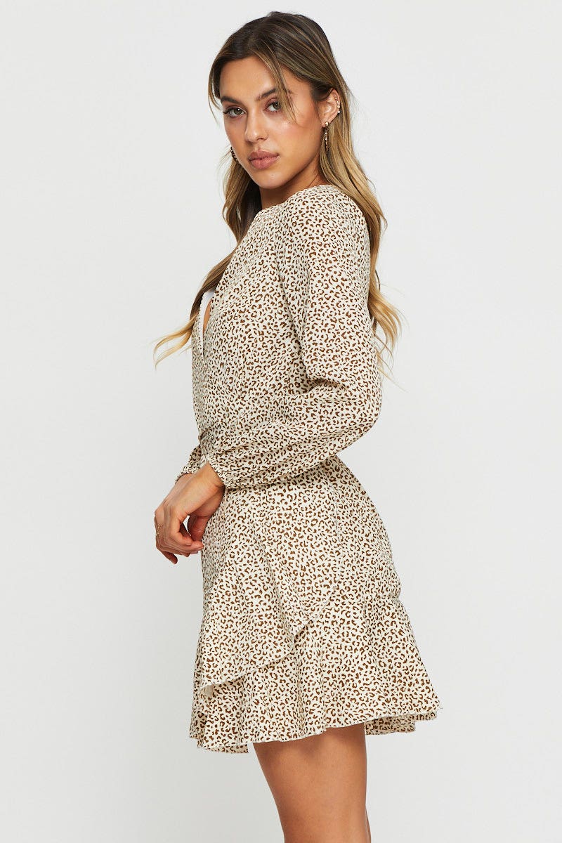 FB WRAP DRESS Print Wrap Dress Long Sleeve Mini for Women by Ally