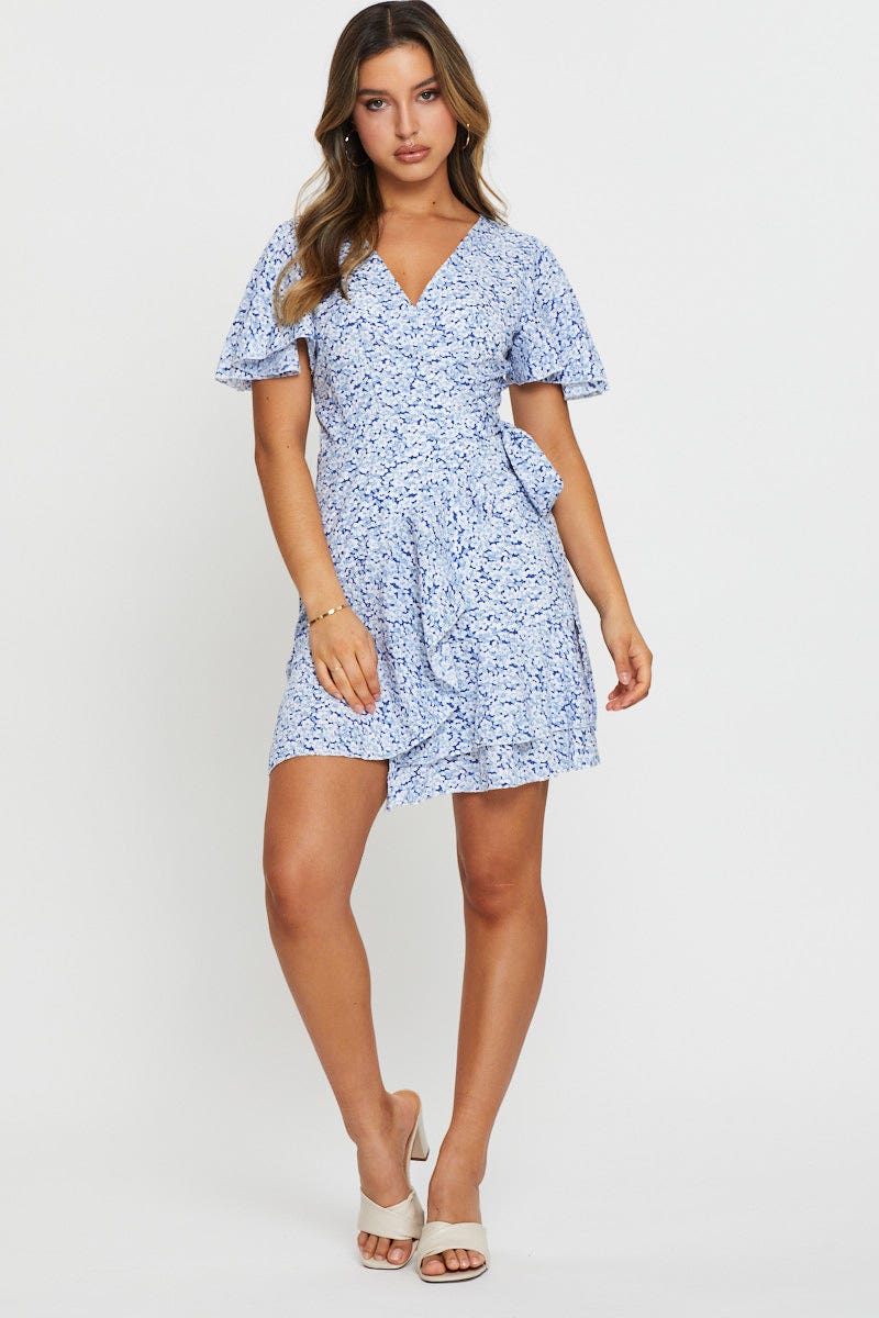 FB WRAP DRESS Print Wrap Dress Short Sleeve Mini for Women by Ally