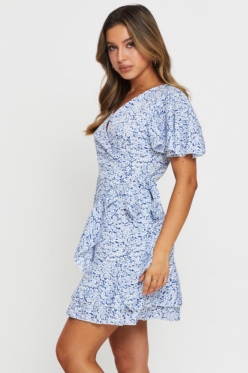 FB WRAP DRESS Print Wrap Dress Short Sleeve Mini for Women by Ally