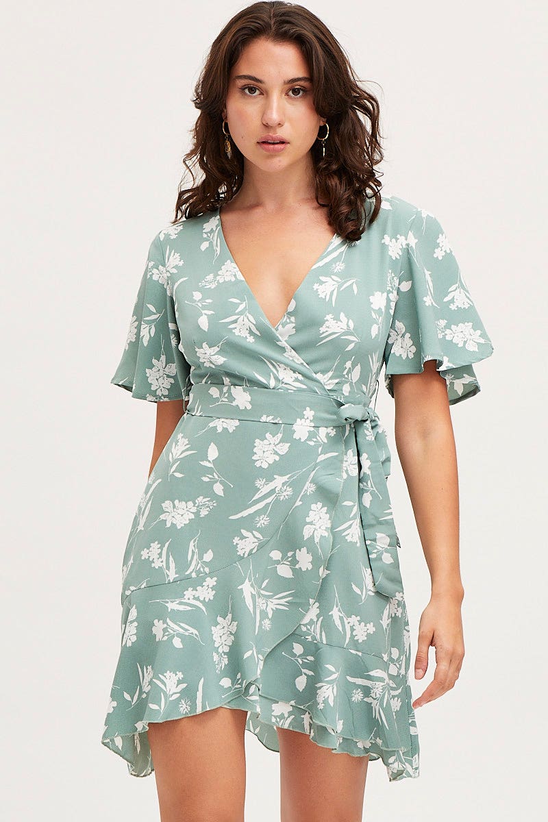 FB WRAP DRESS Print Wrap Dress Short Sleeve Mini Ruffle for Women by Ally