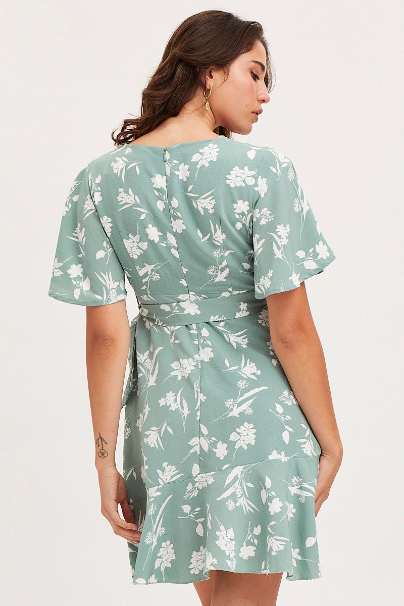 FB WRAP DRESS Print Wrap Dress Short Sleeve Mini Ruffle for Women by Ally