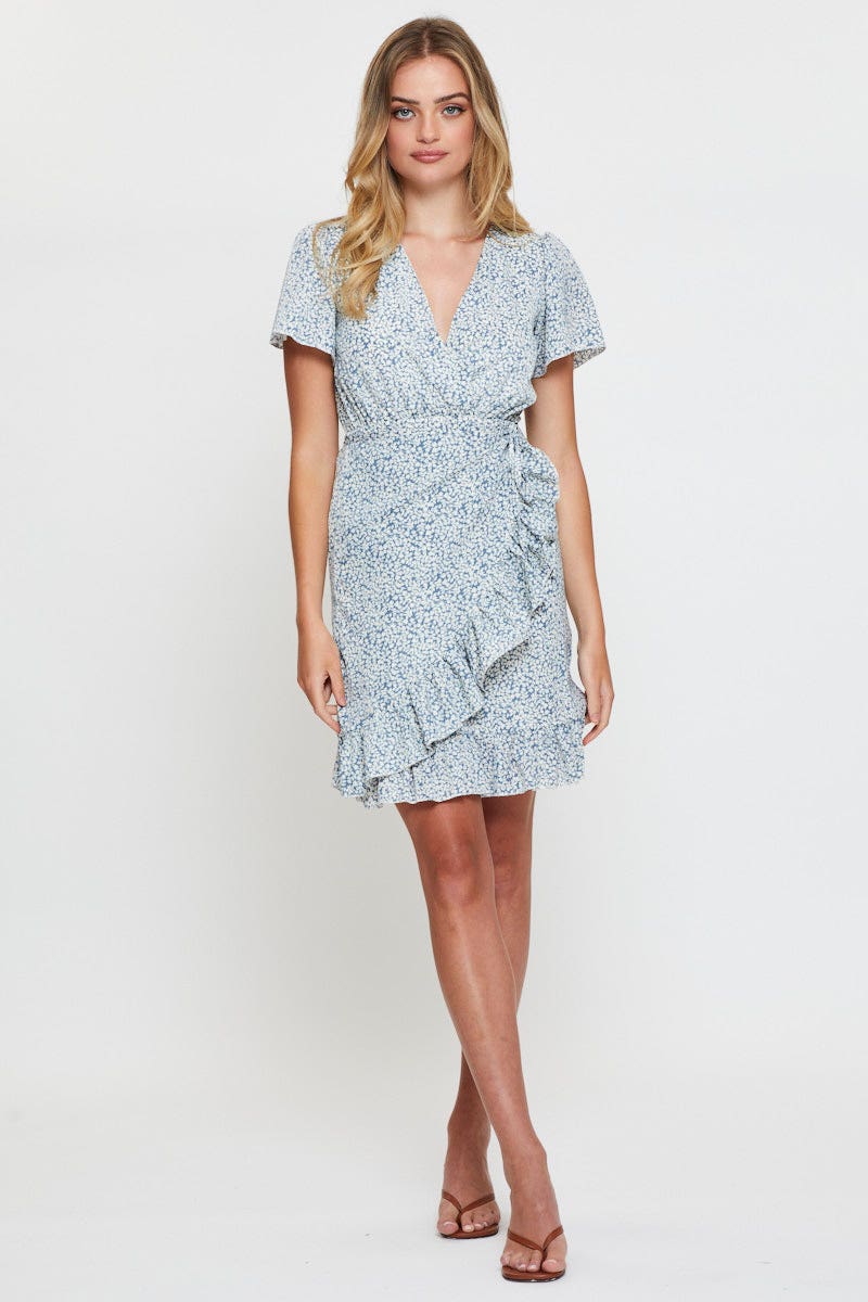 FB WRAP DRESS Print Wrap Dress Short Sleeve V Neck for Women by Ally