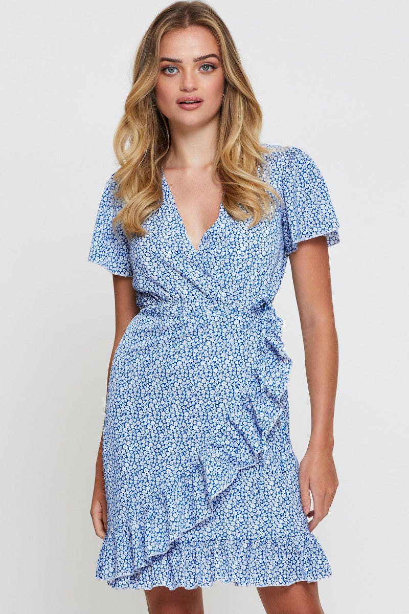FB WRAP DRESS Print Wrap Dress Short Sleeve V Neck for Women by Ally
