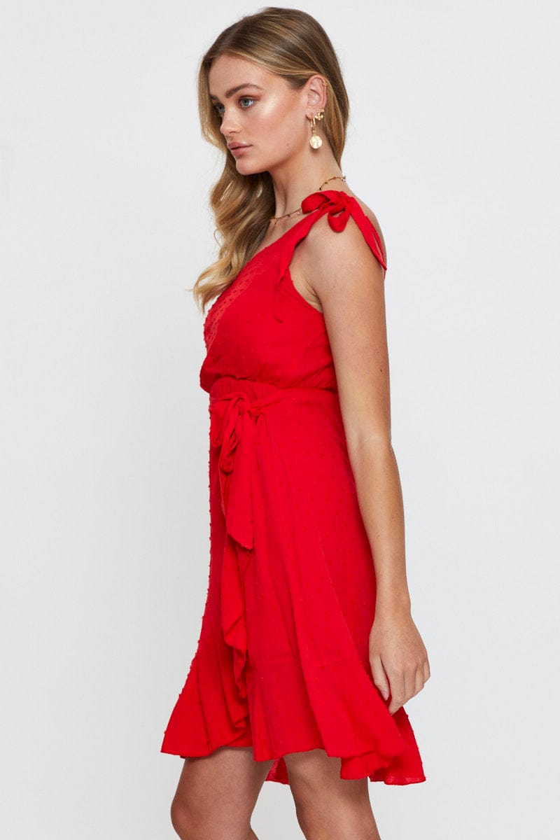 FB WRAP DRESS Red Wrap Dress One Shoulder Sleeveless for Women by Ally