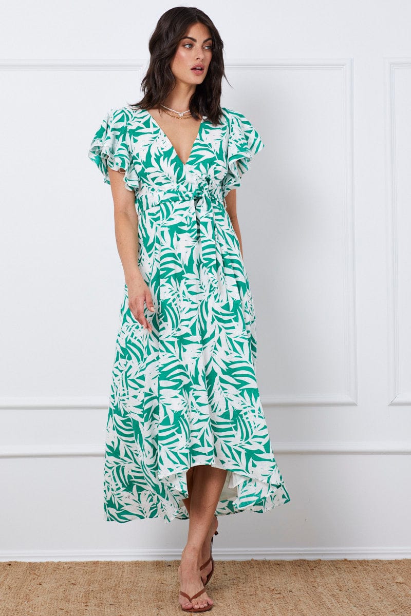 FB WRAP DRESS Trop Print Wrap Dress Short Sleeve Maxi for Women by Ally