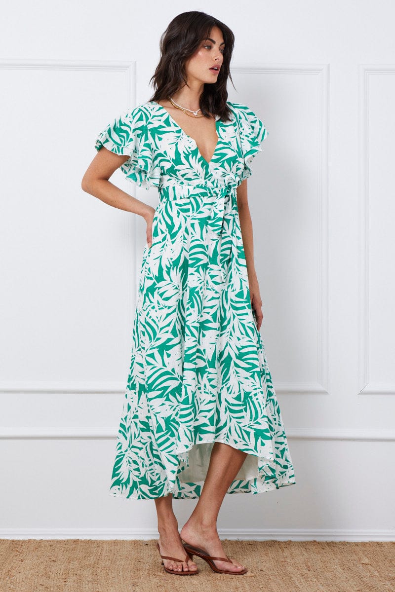 FB WRAP DRESS Trop Print Wrap Dress Short Sleeve Maxi for Women by Ally