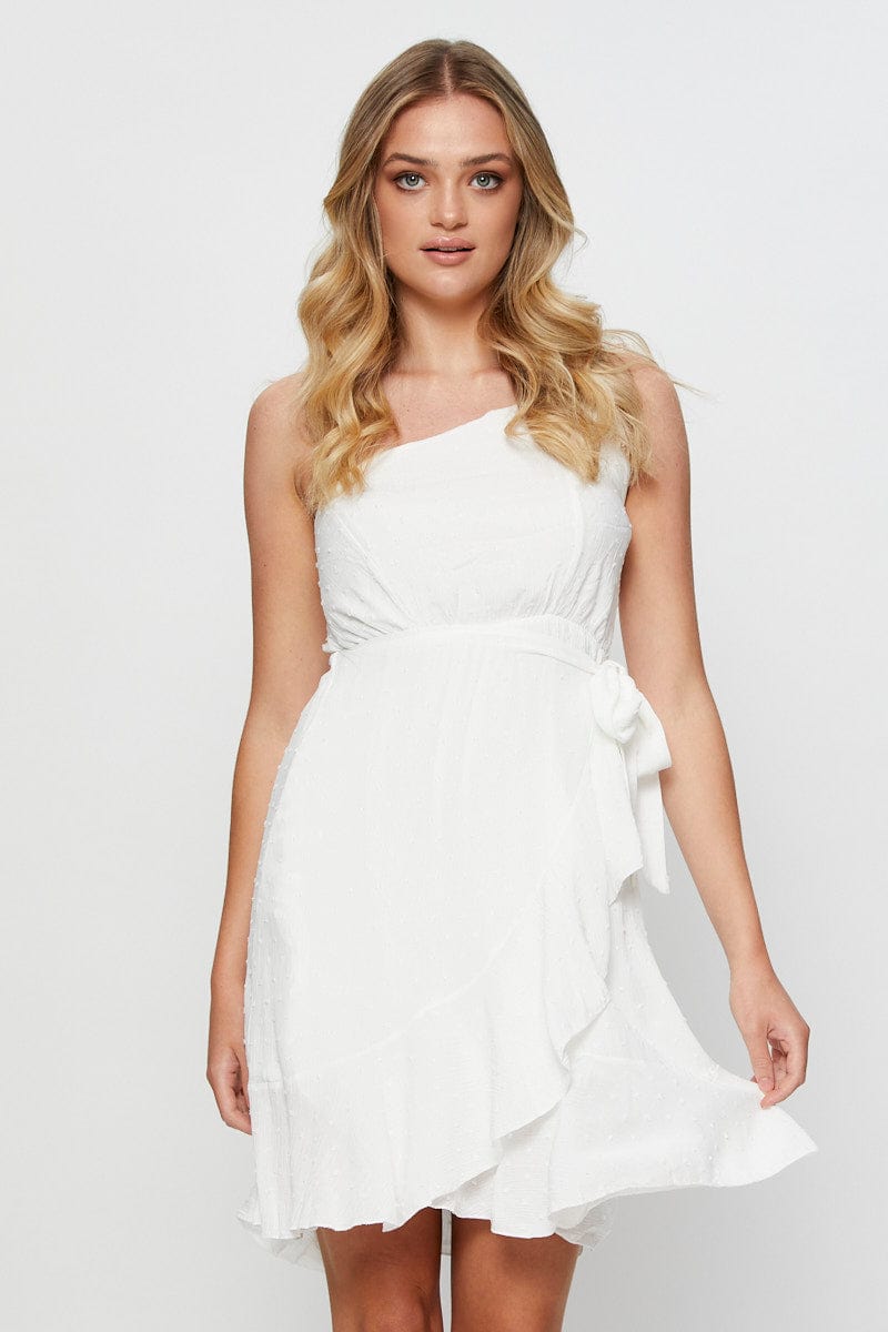 FB WRAP DRESS White Wrap Dress One Shoulder Sleeveless for Women by Ally
