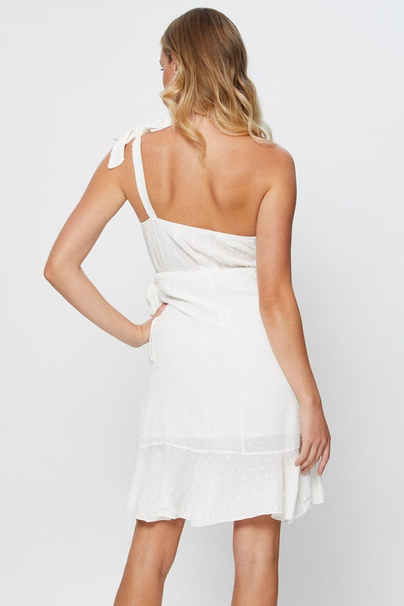 FB WRAP DRESS White Wrap Dress One Shoulder Sleeveless for Women by Ally