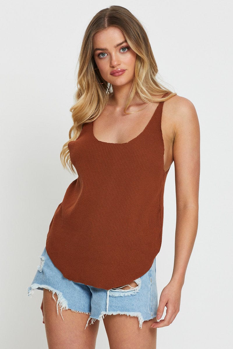 FINE KNITTED Brown Knit Top V-Neck for Women by Ally