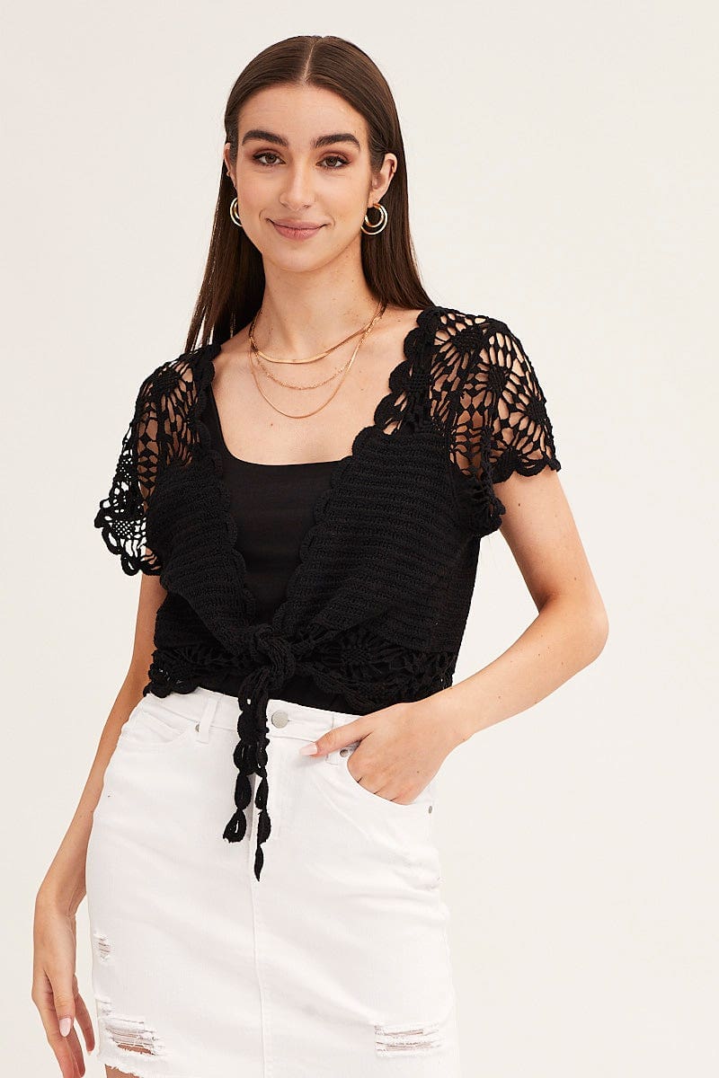 FITTED CARDIGAN Black Crochet Cardigan Short Sleeve Tie Up for Women by Ally