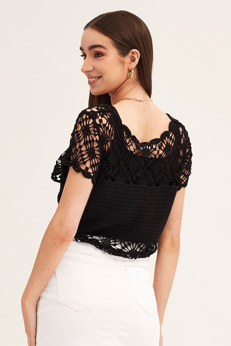 FITTED CARDIGAN Black Crochet Cardigan Short Sleeve Tie Up for Women by Ally