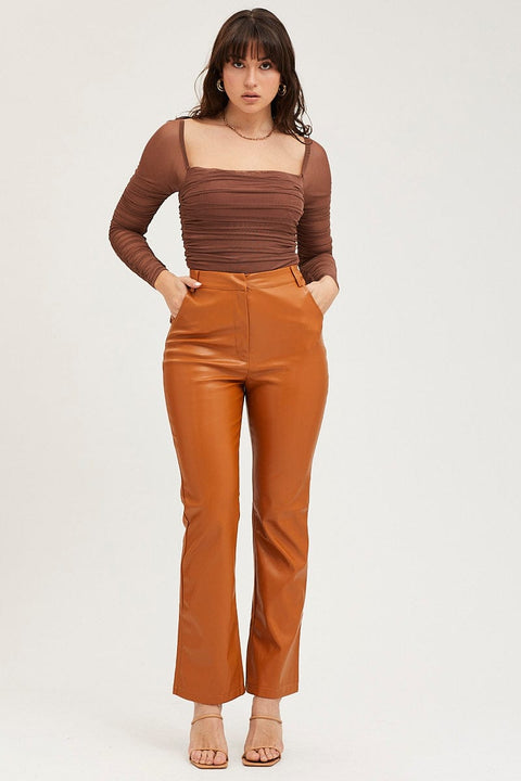 Beige Flare Pants High Rise Faux Leather