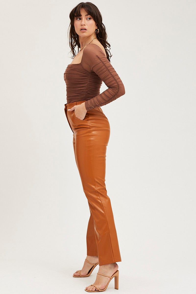 FLARE Camel Flare Pants High Rise Faux Leather for Women by Ally