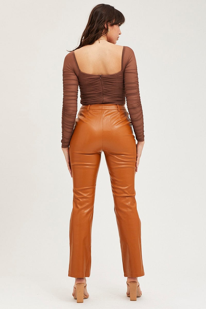FLARE Camel Flare Pants High Rise Faux Leather for Women by Ally