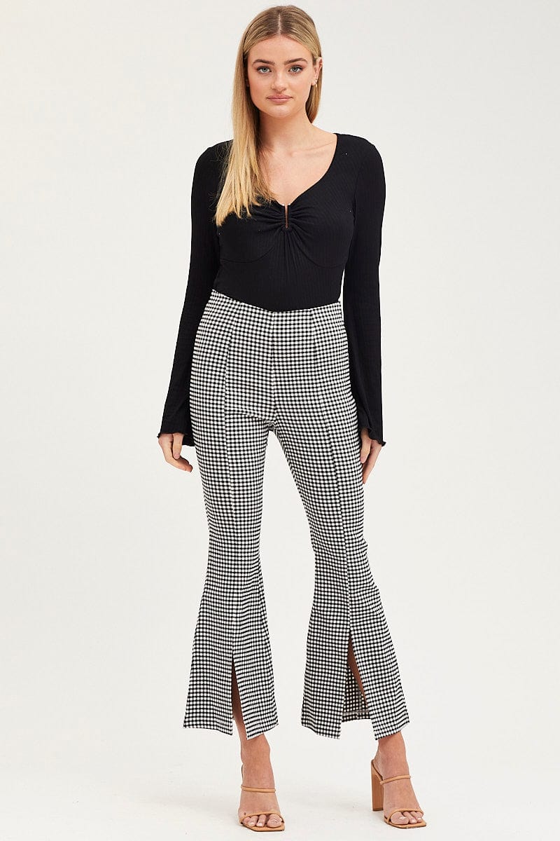 FLARE Check Flare Pants High Rise Front Split for Women by Ally