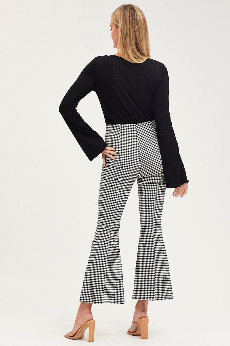 Women's Check Flare Pants High Rise Front Split