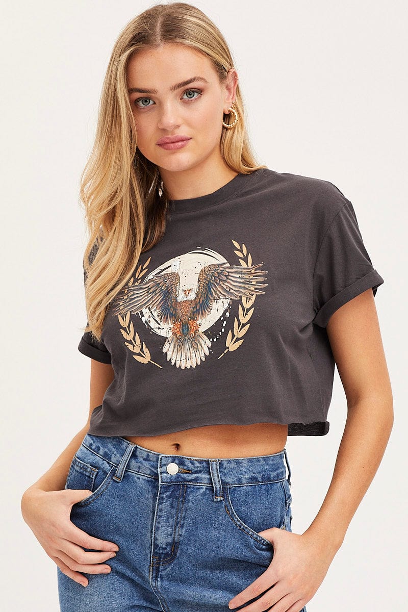 GRAFIC T SEMI CROP Black Graphic T Shirt Short Sleeve for Women by Ally