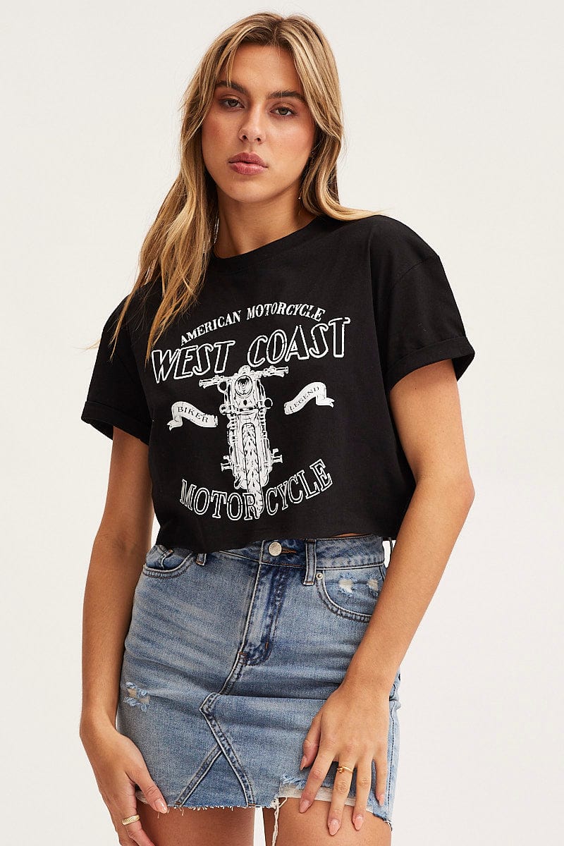 GRAPHIC T CROP Black Graphic T Shirt Short Sleeve for Women by Ally