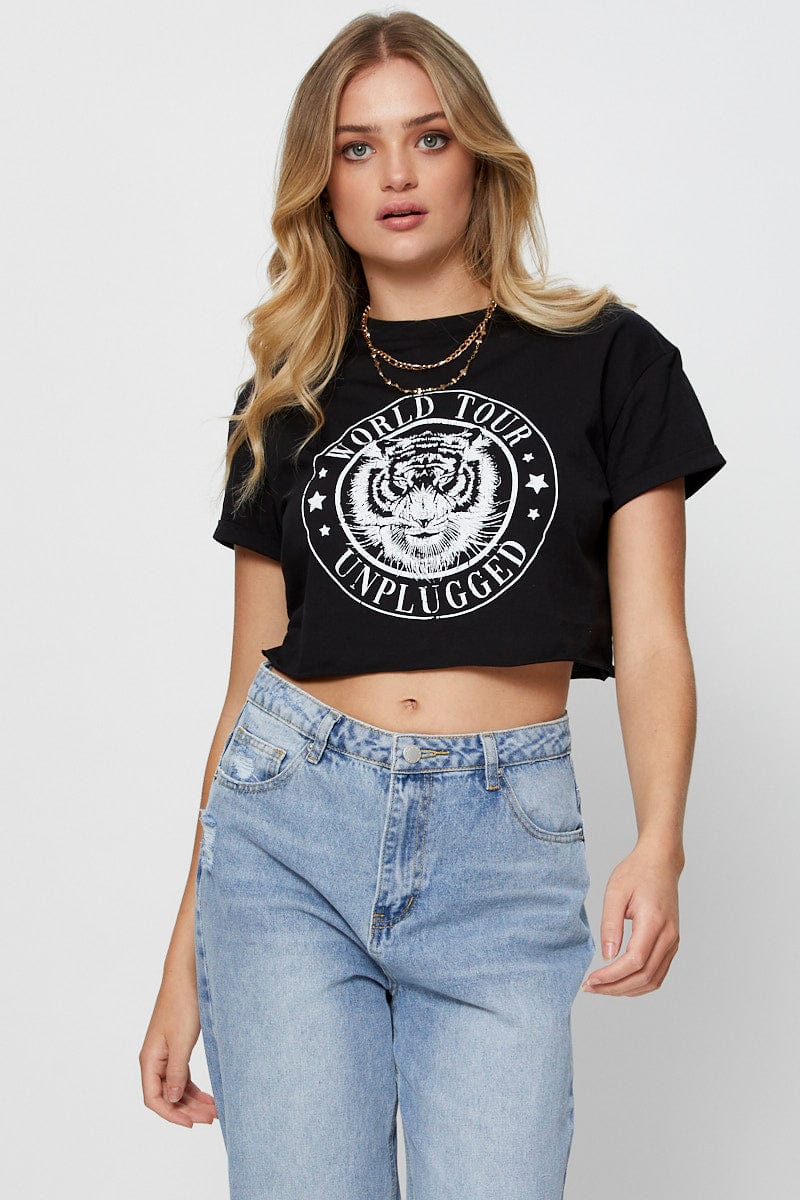 GRAPHIC T CROP Black Graphic T Shirt Short Sleeve Crop for Women by Ally