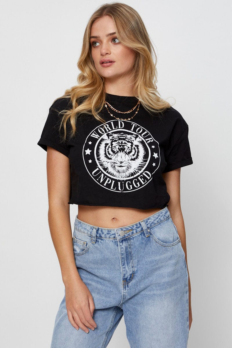 GRAPHIC T CROP Black Graphic T Shirt Short Sleeve Crop for Women by Ally