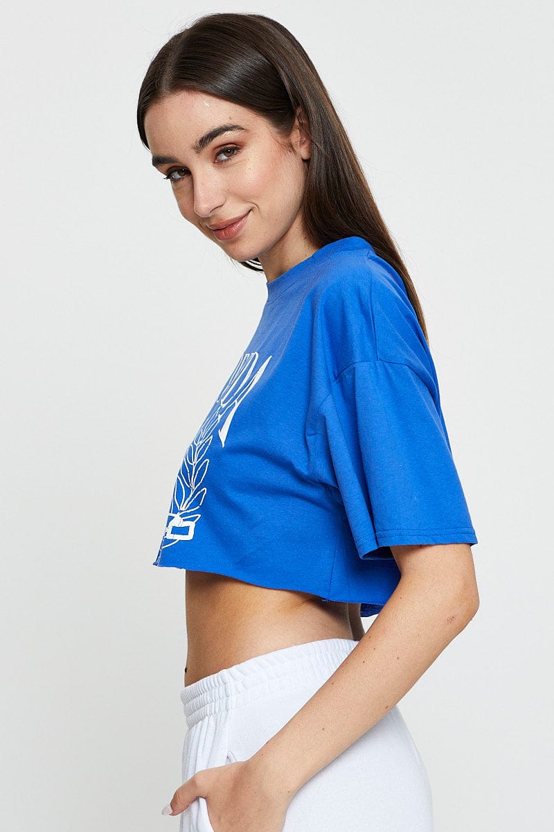 GRAPHIC T CROP Blue Graphic Crop Top Short Sleeve for Women by Ally