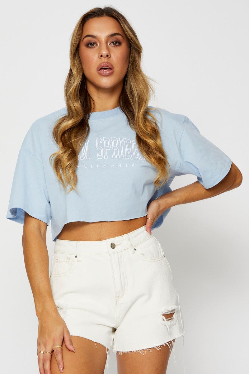GRAPHIC T CROP Blue Graphic T Shirt Short Sleeve Crop for Women by Ally