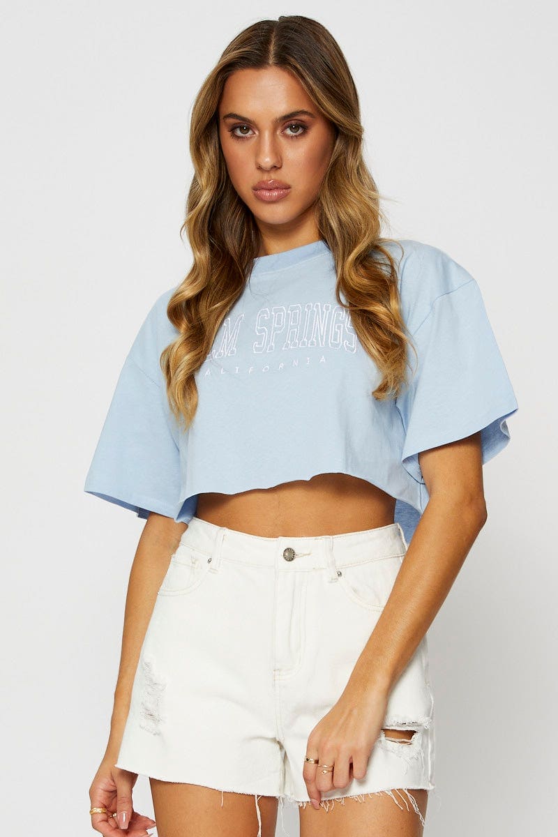 GRAPHIC T CROP Blue Graphic T Shirt Short Sleeve Crop for Women by Ally