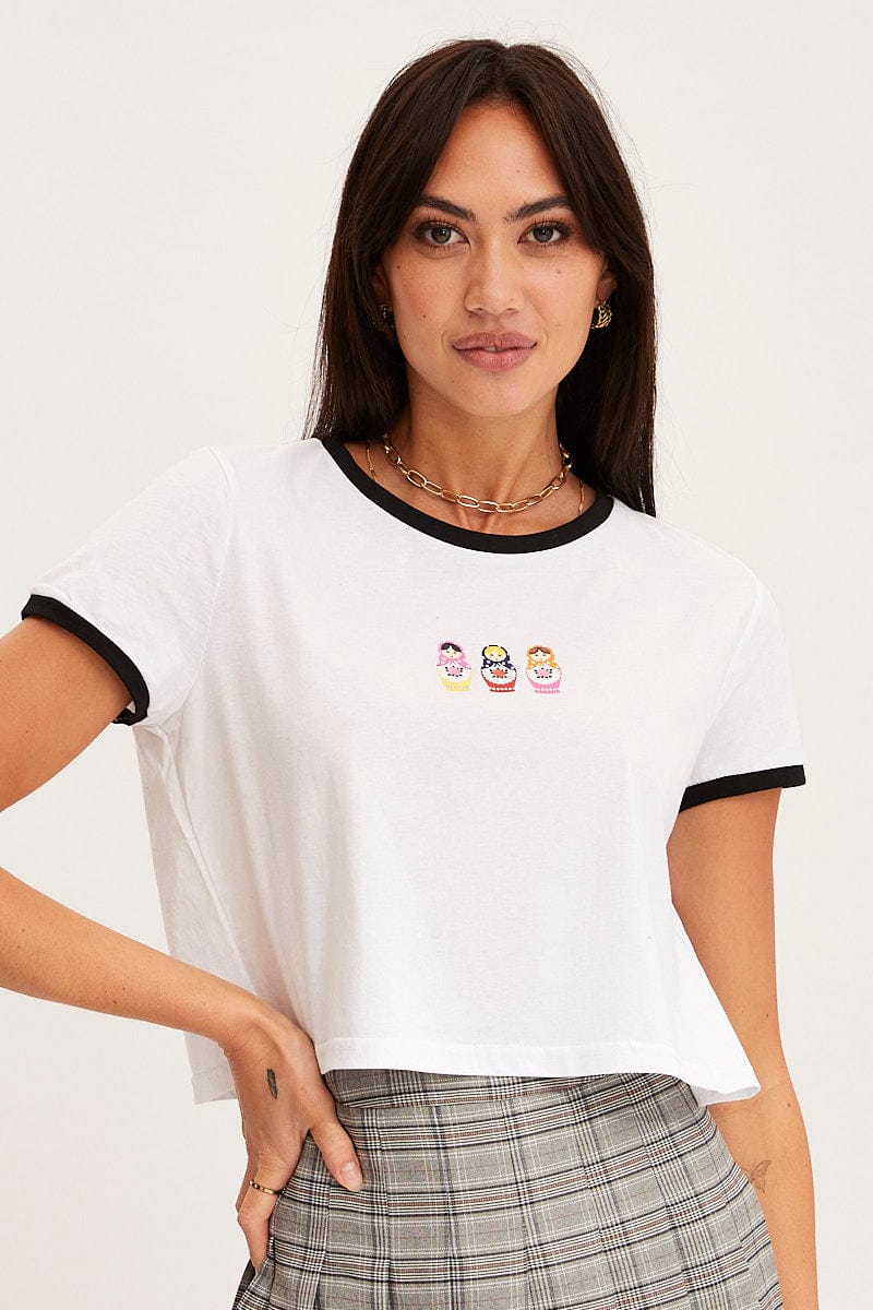 GRAPHIC T CROP White T Shirt Short Sleeve for Women by Ally