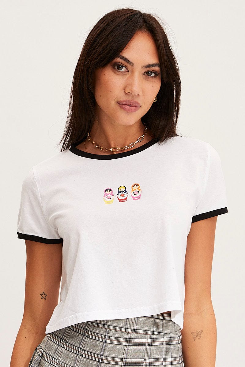 GRAPHIC T CROP White T Shirt Short Sleeve for Women by Ally