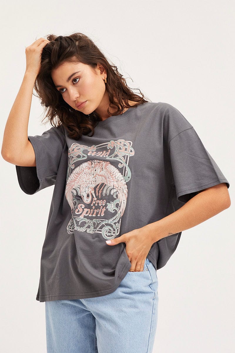 GRAPHIC T LONGLINE Grey Unisex T Shirt Short Sleeve Oversized Crew Neck for Women by Ally