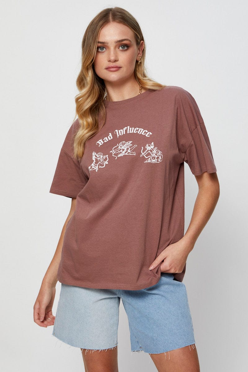 GRAPHIC T REGULAR Brown Graphic T Shirt Short Sleeve Crop for Women by Ally