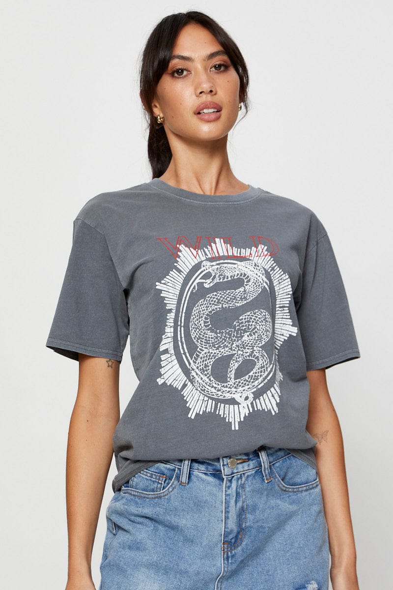 GRAPHIC T REGULAR Grey Graphic T Shirt Short Sleeve for Women by Ally