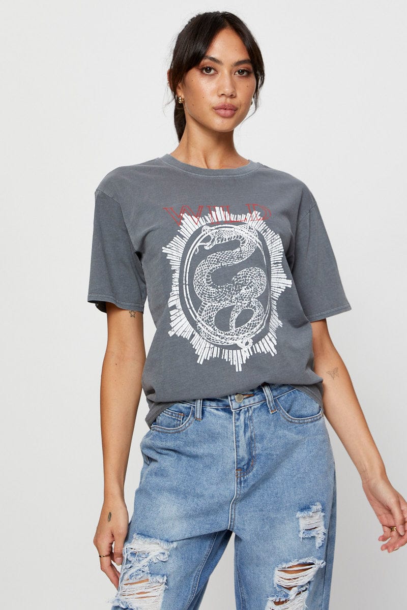 GRAPHIC T REGULAR Grey Graphic T Shirt Short Sleeve for Women by Ally