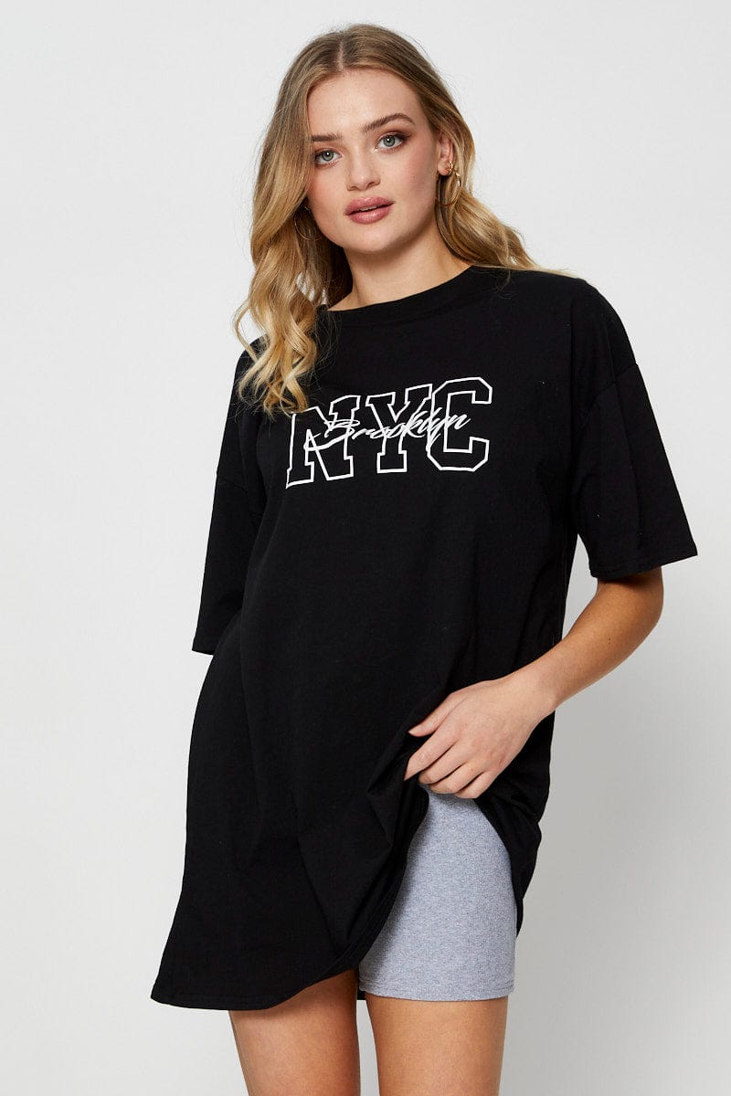 GRAPHIC T TUNIC Black Graphic T Shirt Short Sleeve for Women by Ally