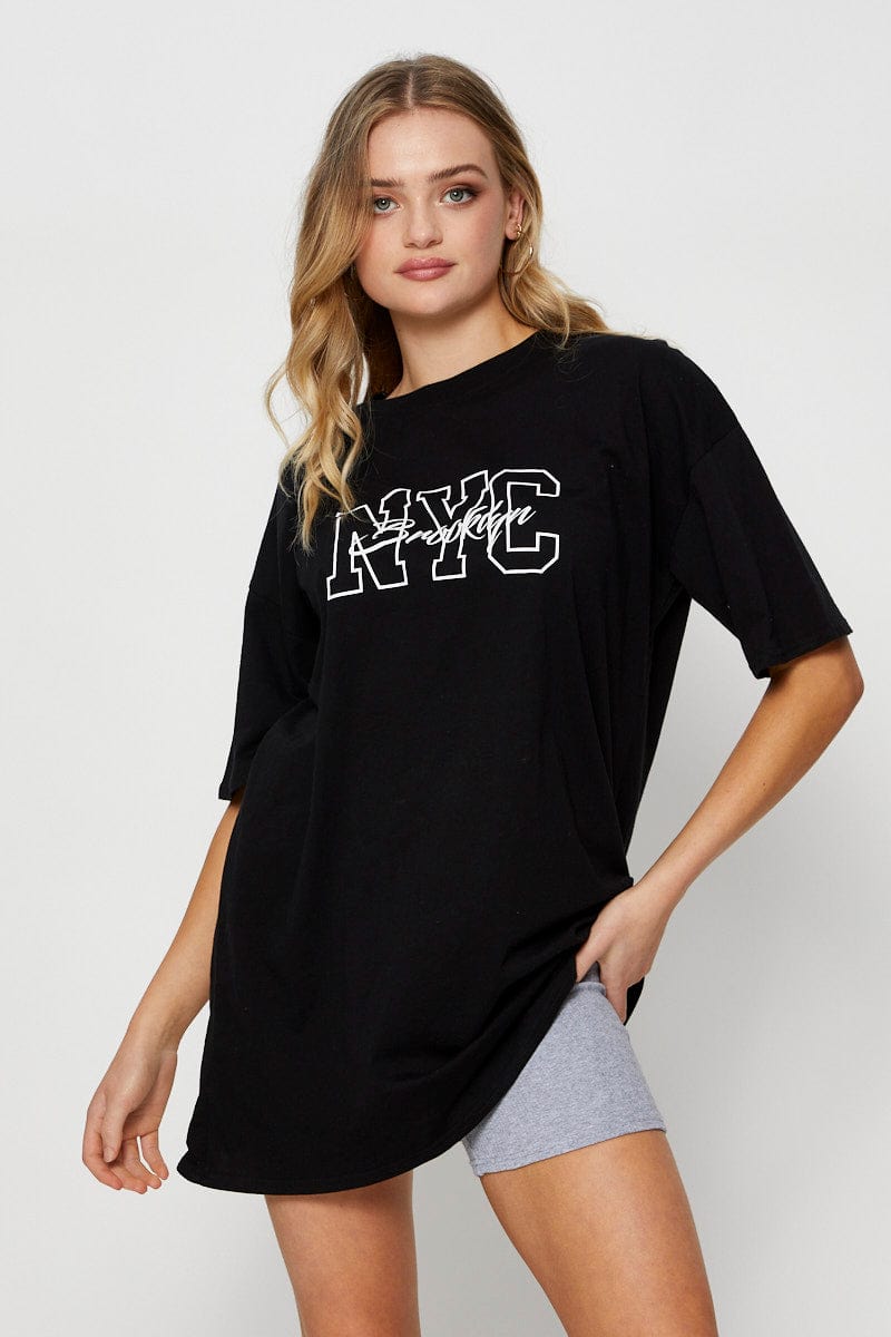 GRAPHIC T TUNIC Black Graphic T Shirt Short Sleeve for Women by Ally