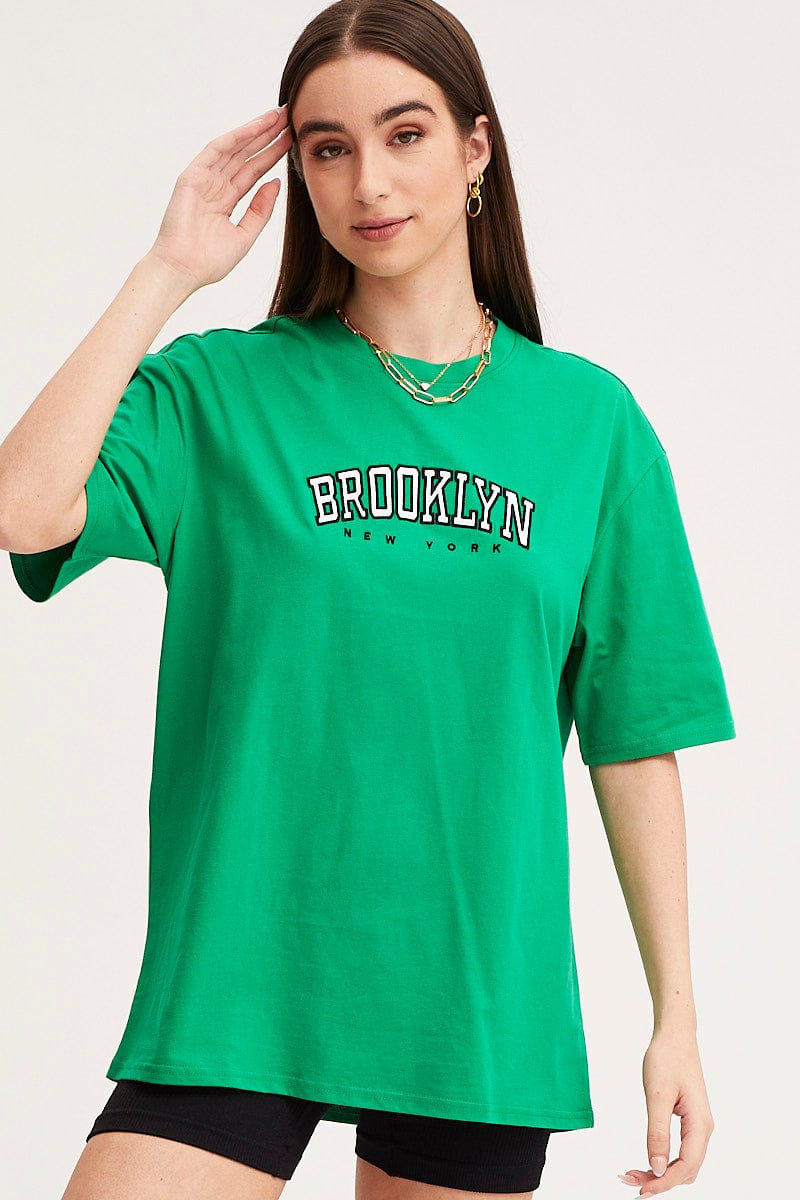 GRAPHIC T TUNIC Green Graphic T Shirt Short Sleeve Embroided for Women by Ally