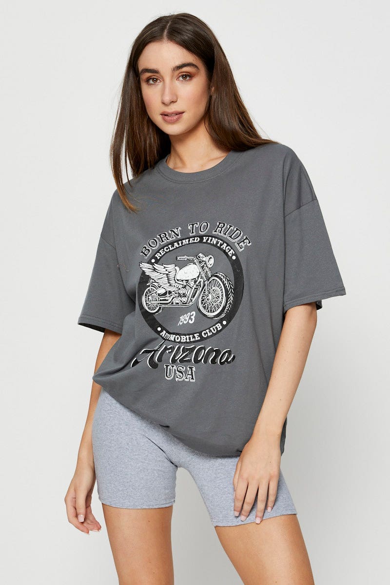 GRAPHIC T TUNIC Grey Graphic T Shirt Short Sleeve for Women by Ally