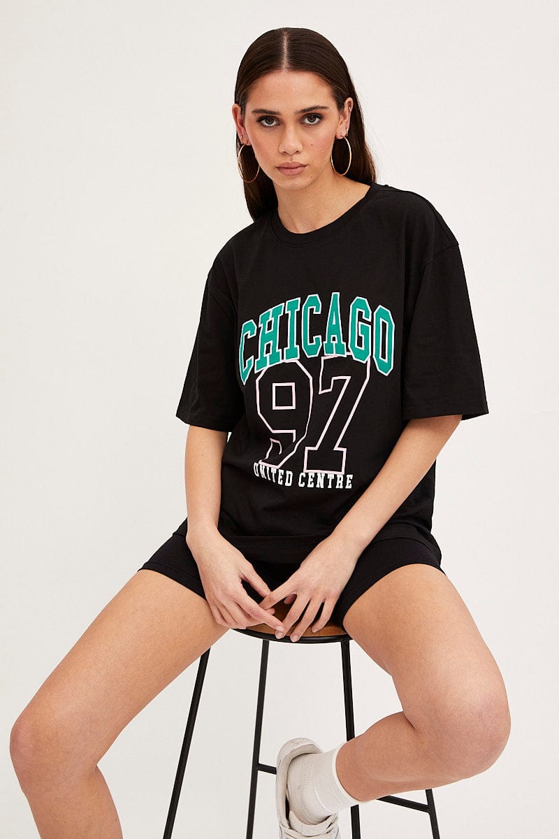 GRAPHIC TEE Black Chicago Tee Short Sleeve  Round Neck Embroidered for Women by Ally