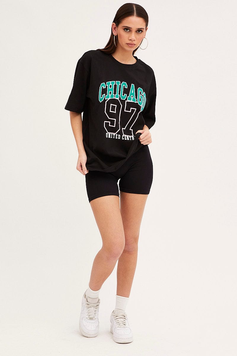 GRAPHIC TEE Black Chicago Tee Short Sleeve  Round Neck Embroidered for Women by Ally