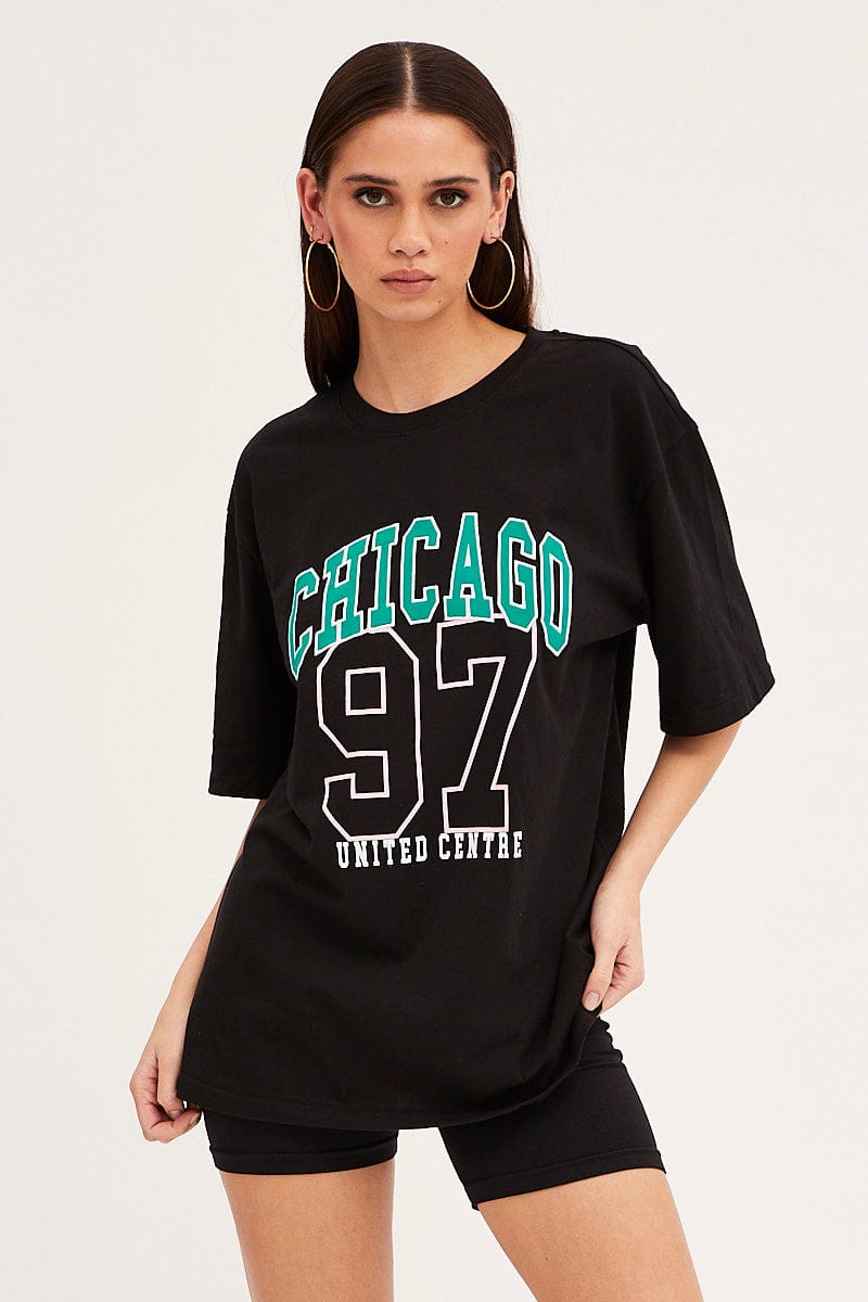 GRAPHIC TEE Black Chicago Tee Short Sleeve  Round Neck Embroidered for Women by Ally