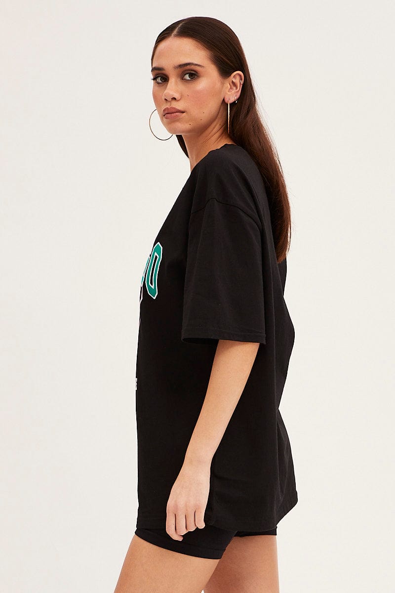 GRAPHIC TEE Black Chicago Tee Short Sleeve  Round Neck Embroidered for Women by Ally
