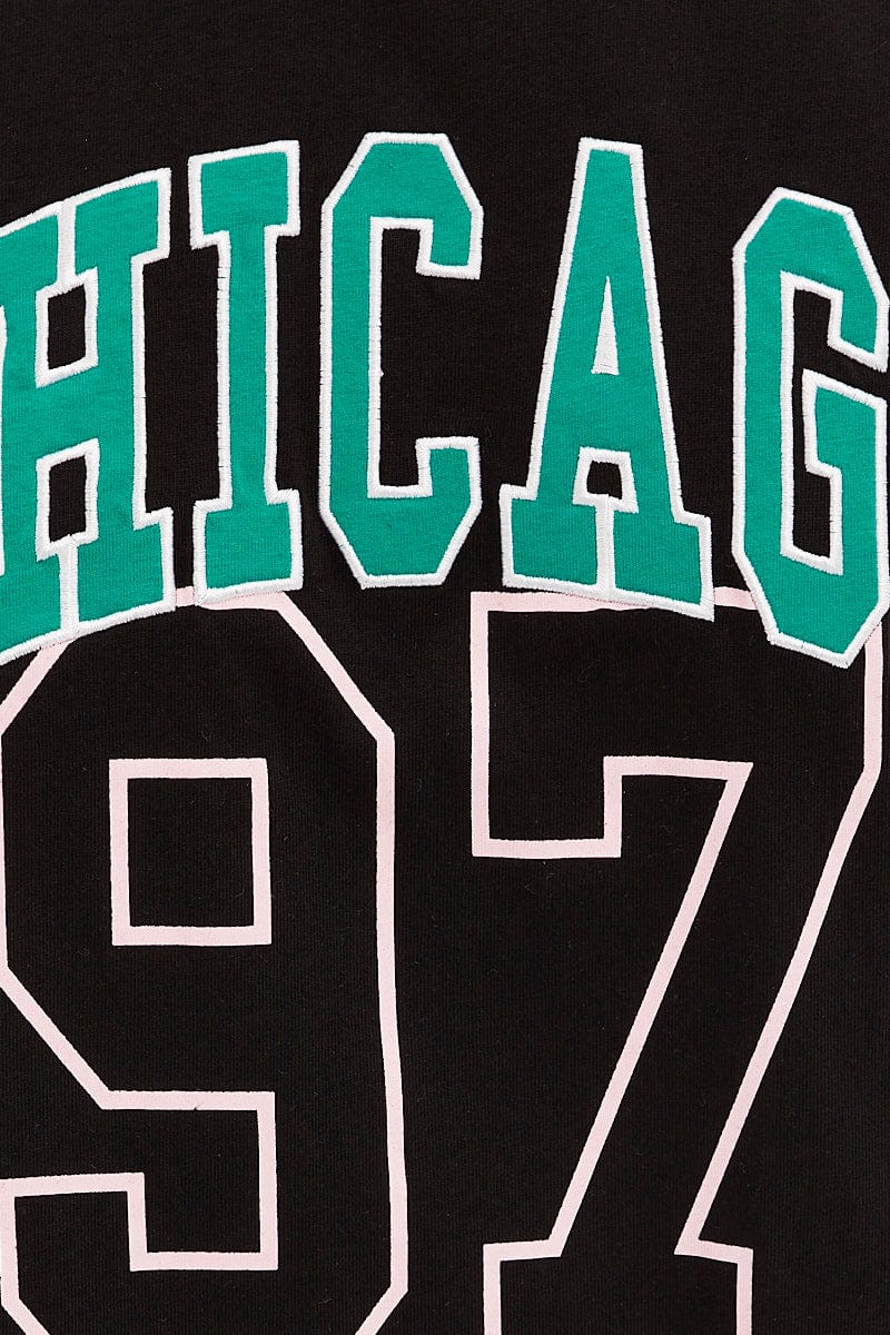 GRAPHIC TEE Black Chicago Tee Short Sleeve  Round Neck Embroidered for Women by Ally