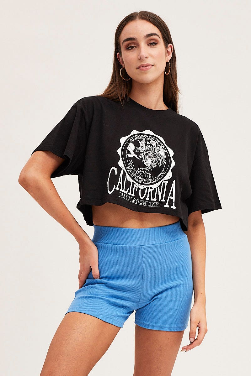 GRAPHIC TEE Black Crew Cropped Graphic T-Shirt for Women by Ally