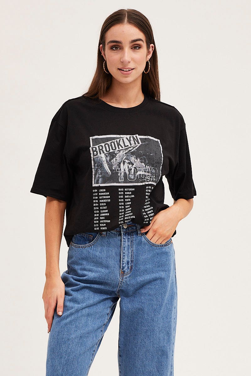 GRAPHIC TEE Black Crew Neck Oversized Graphic T-Shirt for Women by Ally