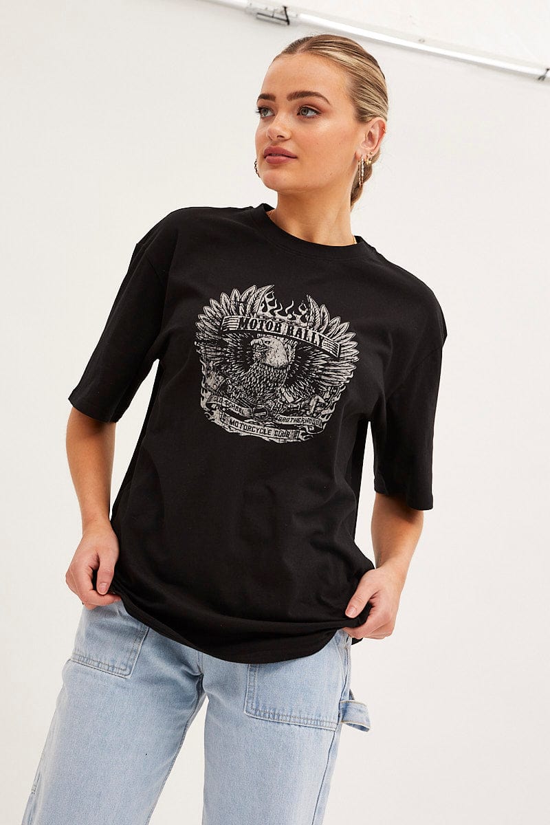 GRAPHIC TEE Black Graphic T-Shirt Crew Neck Short Sleeve for Women by Ally