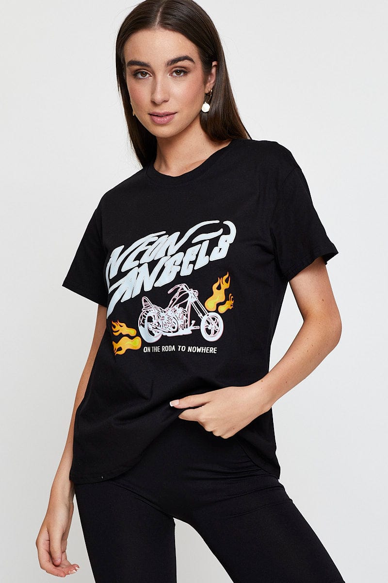 GRAPHIC TEE Black Graphic T Shirt Short Sleeve for Women by Ally