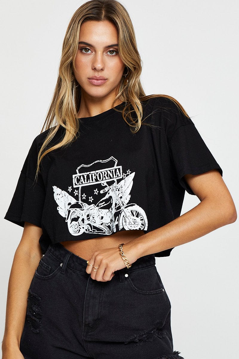 GRAPHIC TEE Black Graphic T Shirt Short Sleeve for Women by Ally