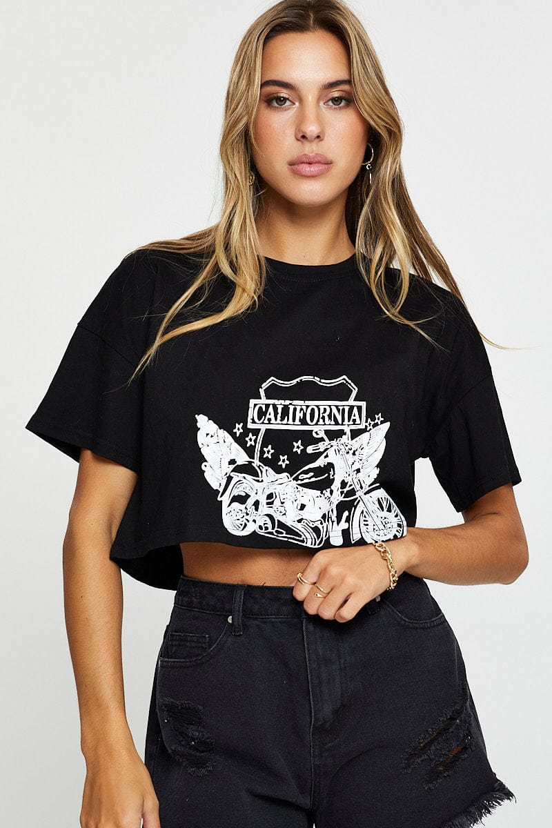 GRAPHIC TEE Black Graphic T Shirt Short Sleeve for Women by Ally