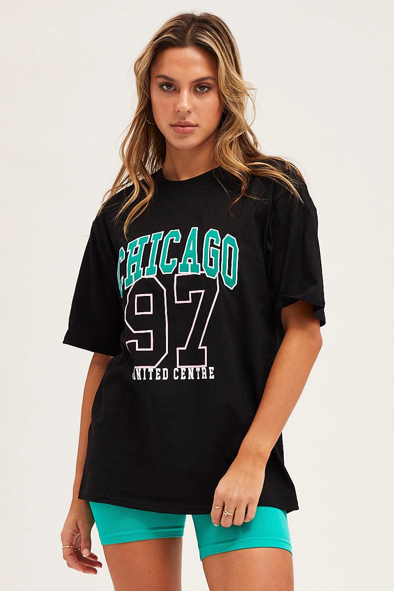 GRAPHIC TEE Black Short Sleeve Embroidered Tee for Women by Ally