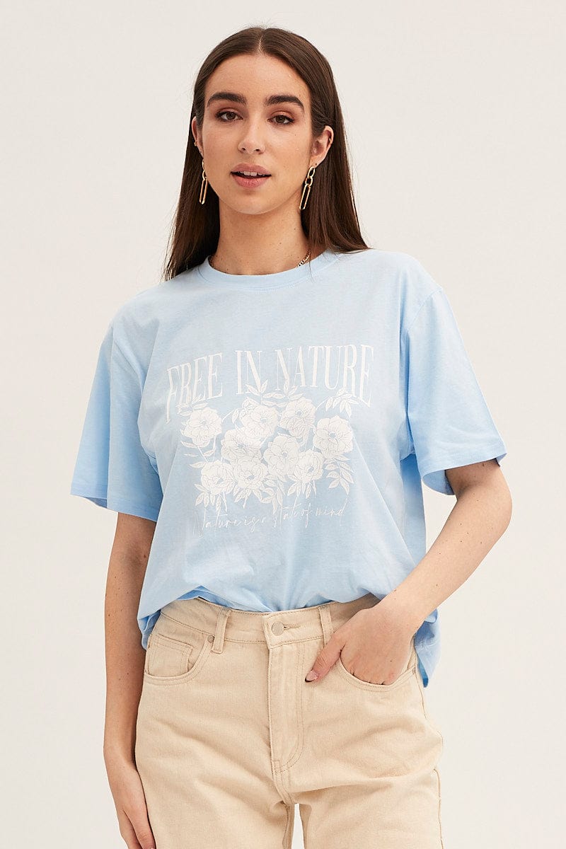 Women’s Blue Crew Neck Oversized Graphic T-Shirt | Ally Fashion